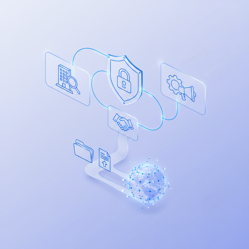 Two companies connect anonymously through a shield, close the contract with a handshake and exchange documents with the digital world through a digital archive